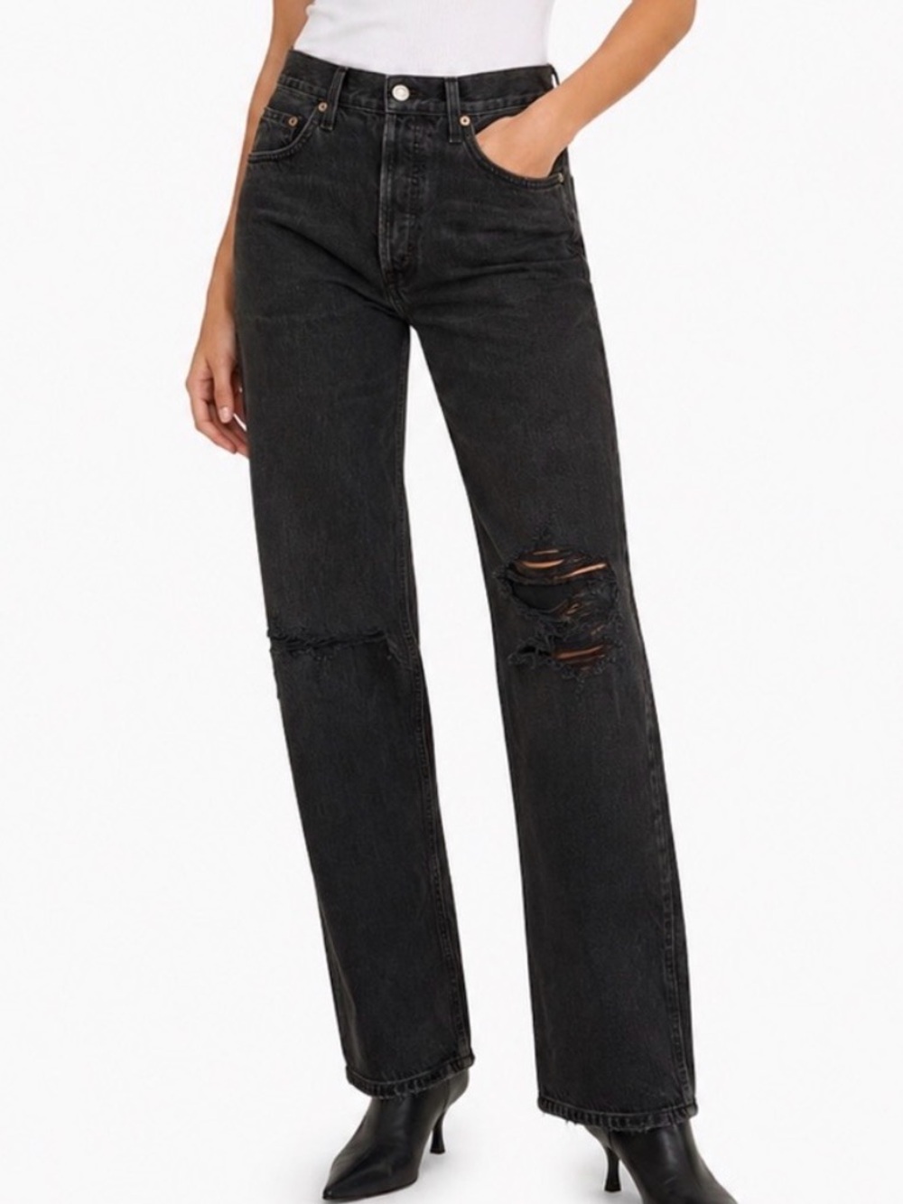 AGOLDE Lana Mid Rise Vintage Straight Jeans Black Distressed NWT 26